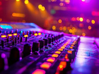 Fototapeta premium vibrant close up of sound mixing console, showcasing colorful buttons and knobs illuminated by stage lights, creating energetic atmosphere