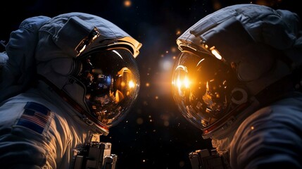 Two astronauts face each other in space, their helmets reflecting the light of a distant star.