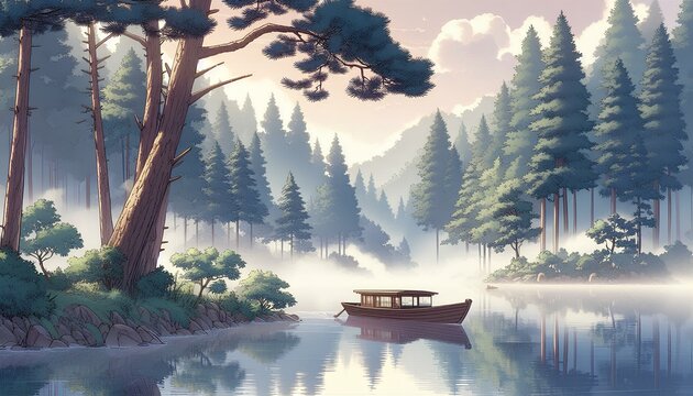 Gentle Dawn An Anime Lake Surrounded by Pines