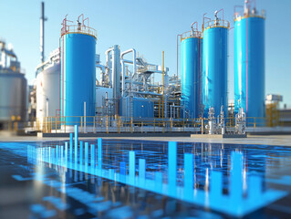 Industrial facility with blue storage tanks and data visualization overlay, showcasing temperature recovery pattern analysis in modern setting