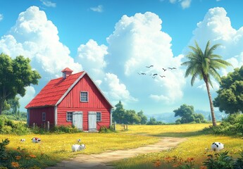 Obraz premium 南国をテーマにした動物牧場のミニマルバックグラウンド