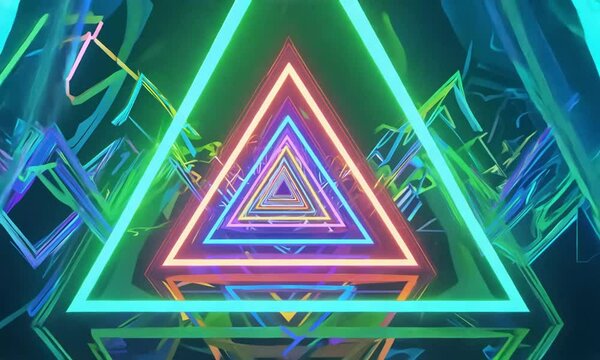 A vibrant geometric design featuring neon triangles and abstract shapes.