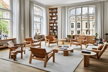 Fototapeta premium Modern living room interior with leather armchairs and wooden coffee table.