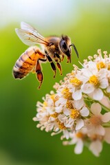 Honeybee buzzing near a flower, isolated for focus on flight