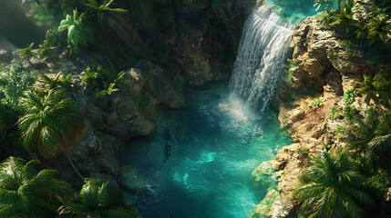 An aerial view of a stunning waterfall dropping into a turquoise lagoon, with tropical plants framing the scene, evoking a sense of paradise 