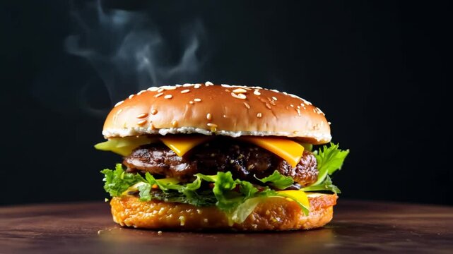 juicy delicious dark burger background food meal tasty beef cheese lettuce tomatoes onion bun condiment savoury grilled epicure hunger appetising indulgence temptation snack fast cookery succulent mo