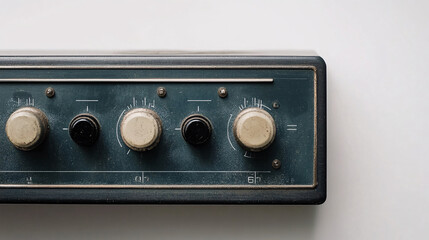 vintage control panel with knobs and buttons on blue and grey background