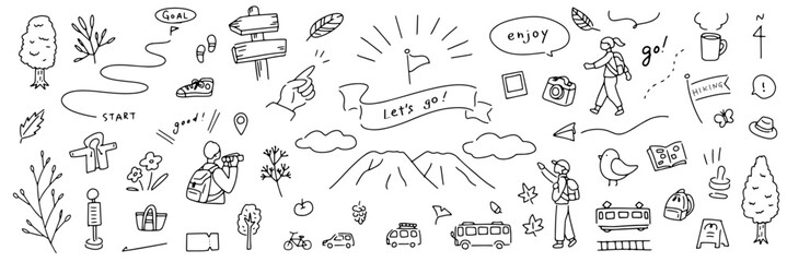 手書きのハイキングイラスト。楽しくてかわいいイラストのセット。山に登ってリラックスする週末。自然観測をする人々。公共交通機関を使ったスタンプラリー。樹木を観察する遠足。