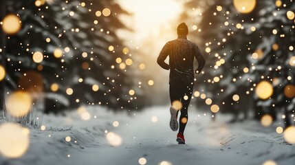 Obraz premium Festive Winter Runner in Silhouette with Bokeh Lights