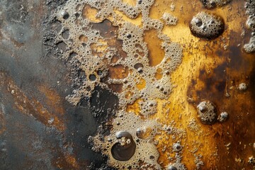 A close-up shot of acid corroding a metal surface, showing the chemical reaction with bubbles and fumes
