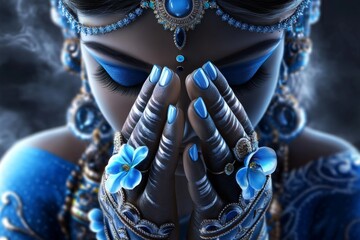A detailed image of Goddess Kali with traditional attire, showing her standing with her hands in a blessing gesture
