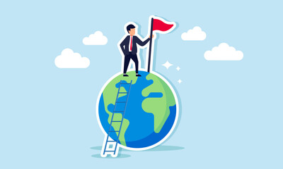 A businessman standing on a globe with a ladder, holding a red flag, illustration of striving to be the best in his field