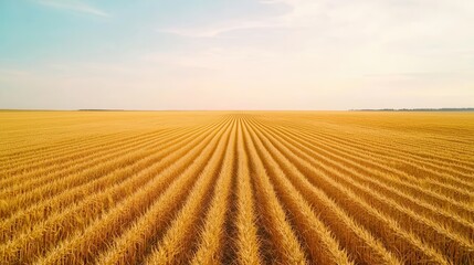 A vast golden field stretches under a clear sky, showcasing neatly organized rows of harvested crops, symbolizing agricultural abundance.