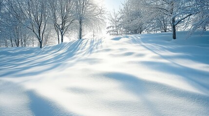 Obraz premium 2410 10.A peaceful winter scene showcasing freshly fallen snow covering the ground, with intricate textures visible across the surface. The snow forms soft waves and delicate patterns, creating a