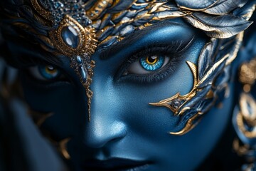 A hyper-realistic close-up of Goddess Kaliâ€™s face with intricate details in her jewelry, skin texture, and intense gaze