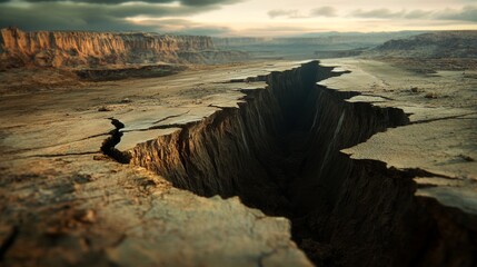 2410 32.A perspective view of a massive earth rift, with the ground splitting apart to form a deep, jagged fissure. The 3D effect of the cracks emphasizes the depth and damage, as the surface appears