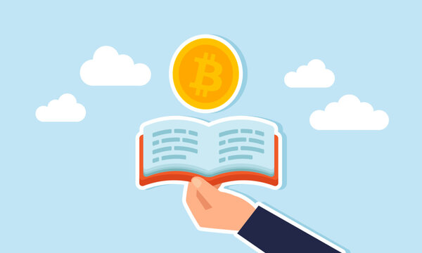 A hand opens a book containing a bitcoin, illustration of learning new insights to apply in bitcoin investment strategy