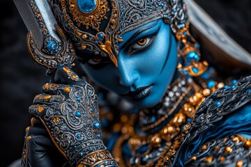 Obraz premium A lifelike close-up of Kaliâ€™s hands holding a sword, severed head, and trident, symbolizing her role as destroyer of evil