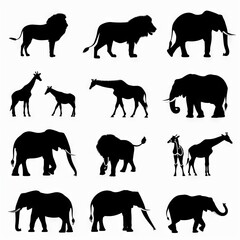 Obraz premium African Wildlife Silhouettes: Lion, Giraffe, and Elephant