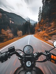 Sleek motorcycle racing down winding mountain road with blurred trees in background. Speed, racing, adventure, sports, passion, freedom,competition, challenge, limit