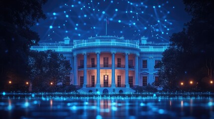 The White House at night with a digital network overlay.