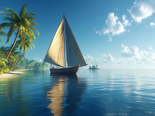 Fototapeta premium a sailboat on a calm sea with blue water and white clouds in a clear blue sky.