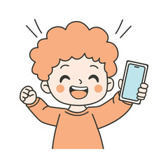 Cute Curly Haired Kid Boy Character Holding Gadget Handphone with Happy Expression