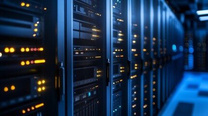 Data Center with Server Racks and Illuminated Lights