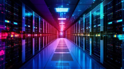 Fototapeta premium Futuristic Data Center with Neon Lights and Technology