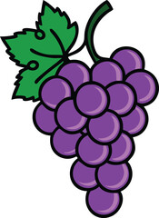 Colorful bunch of grapes vector illustration, Bright, stylized vector illustration of a purple grape bunch with a green leaf, designed in a bold and playful style.
