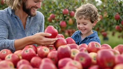 A vibrant scene depicting a family enjoying a day in the apple orchard, picking fruit and creating memories. The joyful expressions and the abundance of apples capture the heartwarming essence of