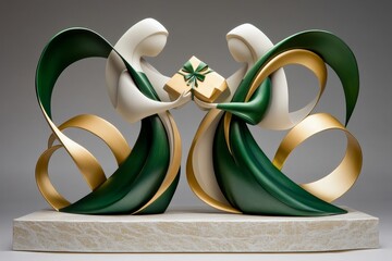 Two simplified figures exchanging gifts, with soft shapes and muted tones to convey warmth and friendship