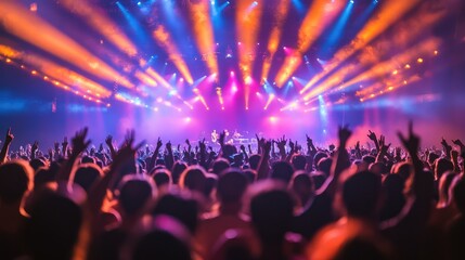 Fototapeta na wymiar Energetic Concert Crowd Enjoying Live Music with Vibrant Stage Lighting and Colorful Atmosphere