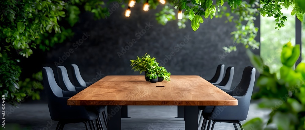 Poster Tranquil top down view of a minimalist conference room with a large wooden table surrounded by ergonomic chairs creating a calming and professional workspace for business meetings and team