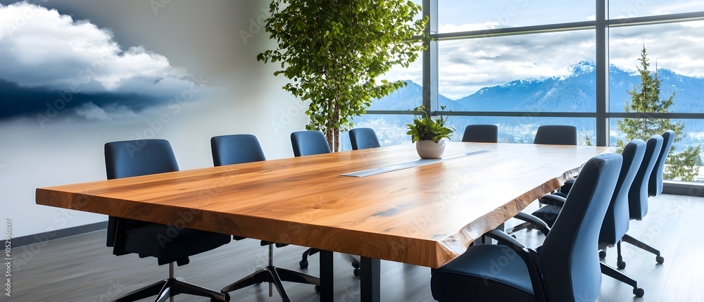 Poster Clean top down view of a minimalist meeting room with a large wooden conference table surrounded by ergonomic chairs creating a contemporary and inviting workspace for business discussions and