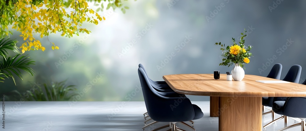 Poster Contemporary boardroom setup with a long wooden table and a row of plush chairs set in a watercolor inspired soft color palette