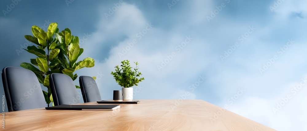Poster Serene and Sophisticated Contemporary Boardroom Setting with a Long Wooden Table and Neatly Arranged Plush Chairs in Soft Watercolor Tones Ideal for Professional Meetings Discussions