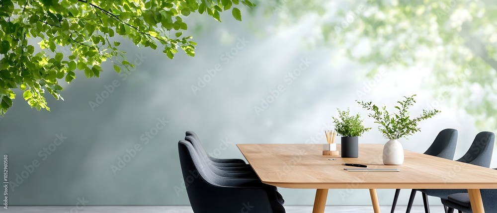 Poster Elegant and modern boardroom setting with a long wooden table plush chairs and a soft watercolor inspired color palette
