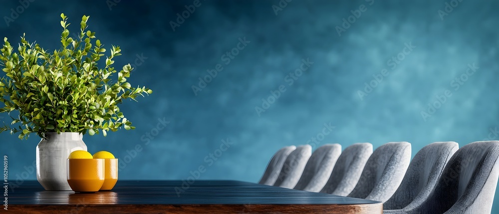 Poster top view of a modern minimalist corporate meeting area featuring a dark wooden table and stylish gray chairs arranged in a row