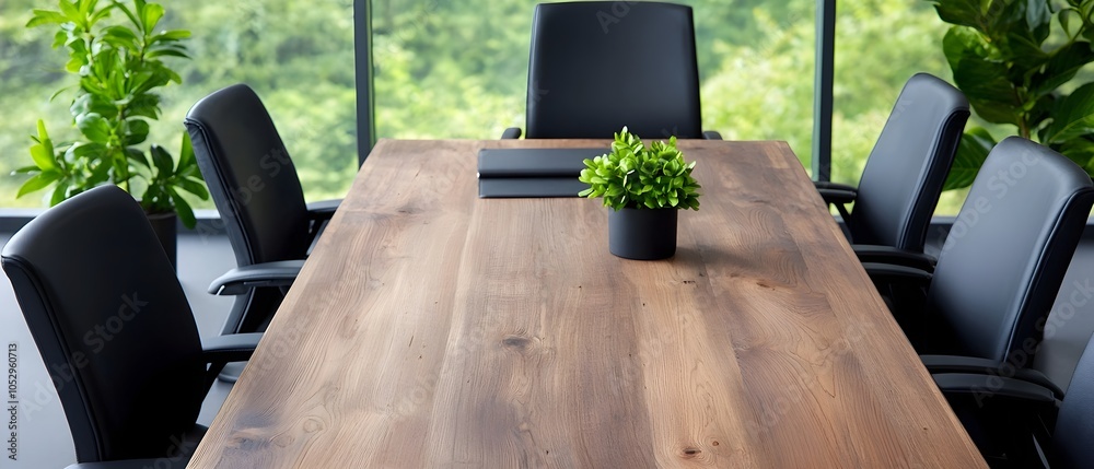 Poster Elegant and sophisticated boardroom setting with a long rustic wood table black office chairs and minimal yet carefully curated decor elements in a soft watercolor style