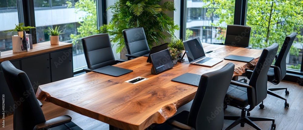 Poster Elegant and Stylish Boardroom Setting with a Long Rustic Wood Table Black Office Chairs and Minimal Decor in a Soft Watercolor Style