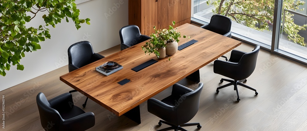 Poster Elegant and Refined Watercolor Depiction of a Stylish Boardroom with a Long Rustic Wood Table Black Office Chairs and Minimal Decor Creating a Serene and Sophisticated Workspace Environment