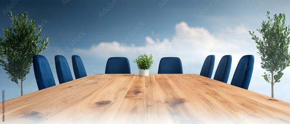 Poster Elegant and Harmonious Professional Workspace with Symmetrically Arranged Wooden Conference Table and Chairs in a Serene Watercolor Inspired Interior Design