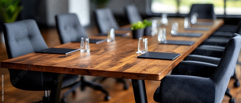 Poster High angle view of a modern minimalist meeting room interior featuring a rectangular wooden table and gray chairs arranged in a line on both sides