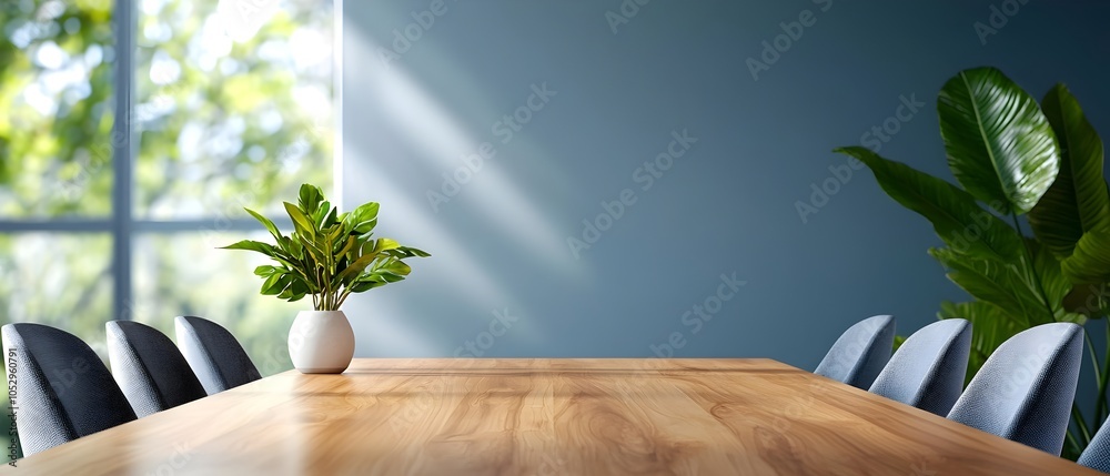 Poster High angle view of an elegant meeting room interior with a rectangular wooden table and gray chairs arranged in a formal organized manner  The image has a watercolor inspired effect