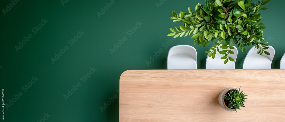 Aufkleber an overhead top down view of a light wood office meeting room with rows of white chairs and green ac