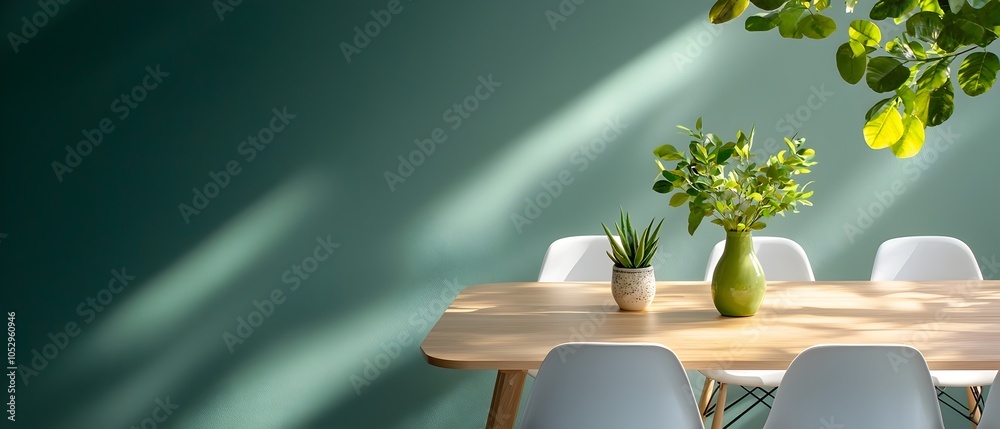 Poster overhead perspective of a modern minimalist office meeting room featuring a light wood table rows of