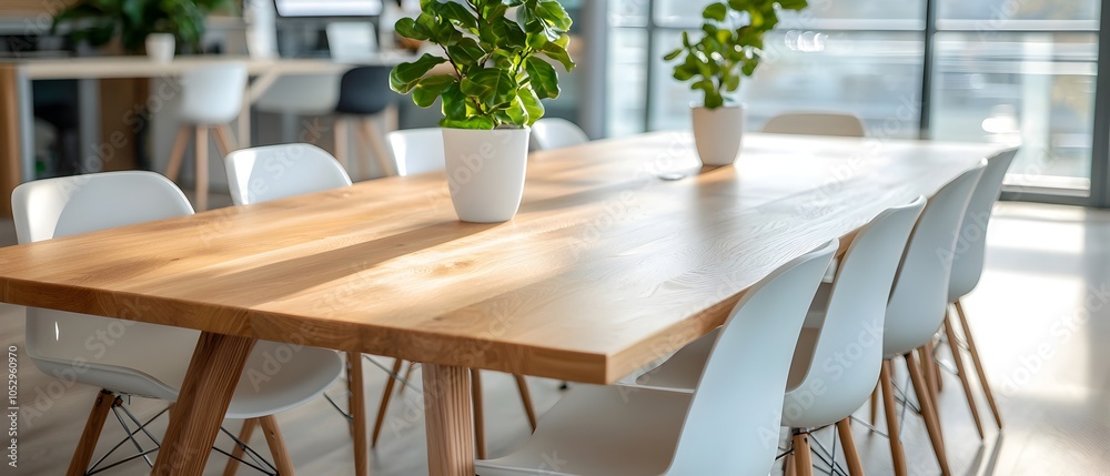 Poster Top Down View of a Sleek and Modern Watercolor Themed Office Meeting Room with a Light Wood Table and Rows of White Chairs Featuring Green Accent Details for a Fresh and Collaborative Workspace