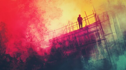 Fototapeta premium Worker on Scaffold with Colorful Abstract Background