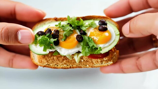 delightful stopmotion animation demonstrating making eating rye bread sandwiches filled avocado egg radish greenery black cumin seeds althy vibrant 4K sandwich food breakfast lunch